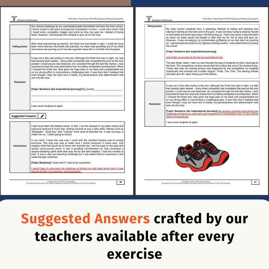A promotional graphic showing two printed worksheet pages with English writing exercises and suggested answers, plus a pair of red and black running shoes. Large text at the bottom reads, 'Suggested Answers crafted by our teachers available after every exercise.