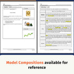 Two preview pages of a writing worksheet set titled 'Model Compositions' with text instructions, highlighted examples, and small reference images, plus a large banner reading 'Model Compositions available for reference' at the bottom.