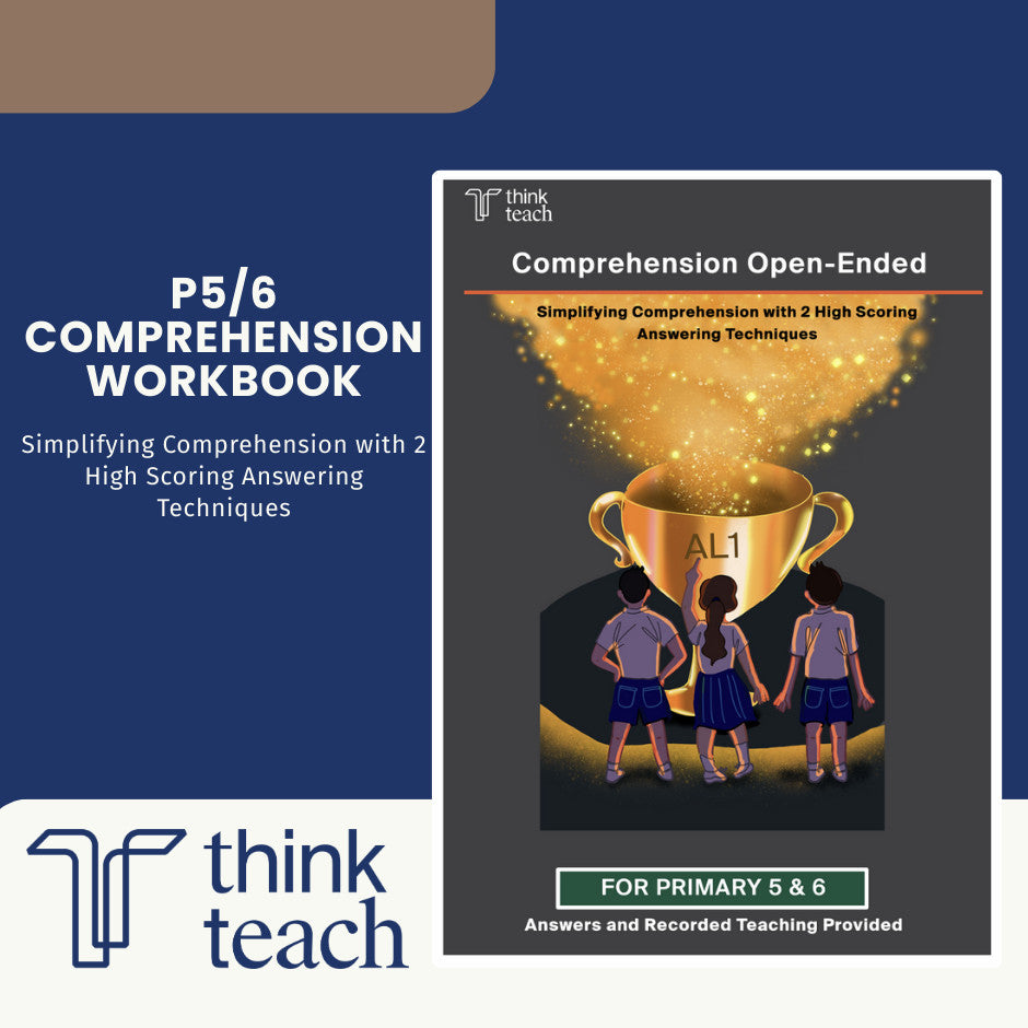 Think Teach P5/6 Comprehension Workbook cover shown on a blue and white promotional graphic. The workbook cover features a dark gray background with a gold trophy illustration and text reading 'Comprehension Open-Ended' and 'For Primary 5 & 6'.