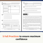 A preview page for Think Teach Academy's P5/6 Comprehension Workbook, showing two printed worksheet pages with exercises and a large promotional banner at the bottom that reads '5 Full Practices to ensure maximum confidence'.