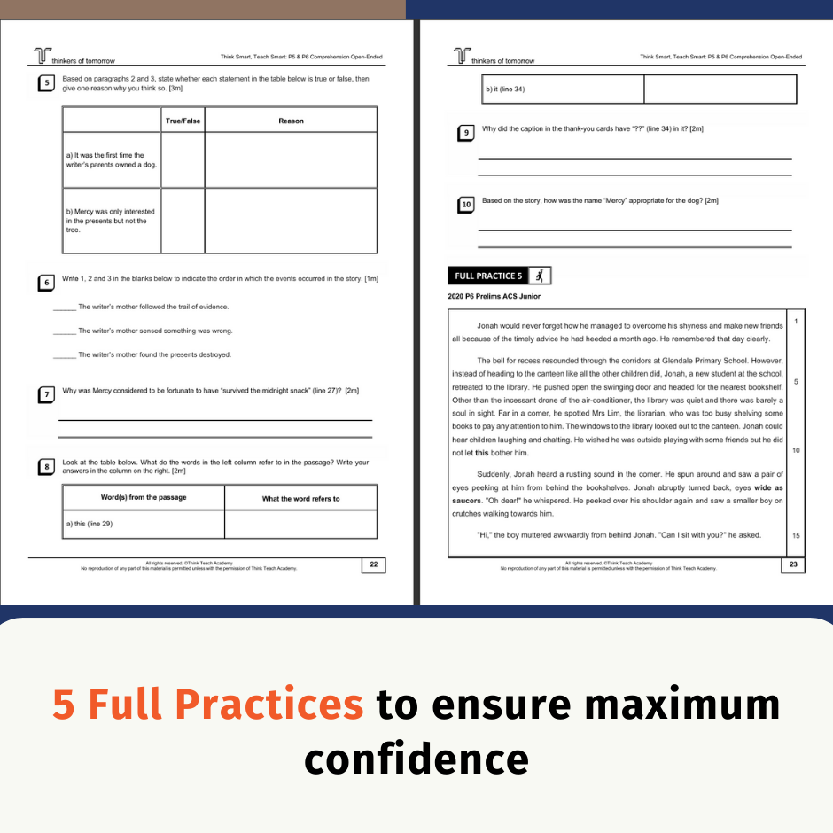 A preview page for Think Teach Academy's P5/6 Comprehension Workbook, showing two printed worksheet pages with exercises and a large promotional banner at the bottom that reads '5 Full Practices to ensure maximum confidence'.