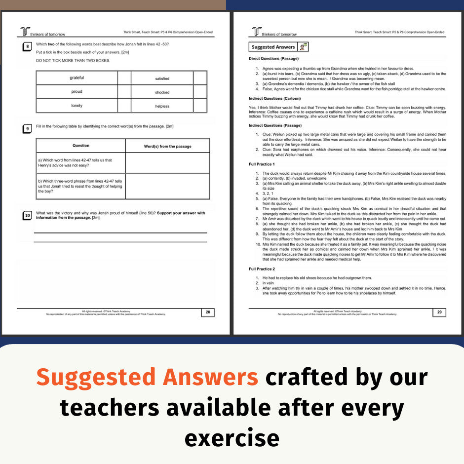 A sample of Think Teach Academy's P5/6 Comprehension Workbook  showing English comprehension exercises with text, tables, and suggested answers, plus a large promotional banner below reading 'Suggested Answers crafted by our teachers available after every exercise.'.