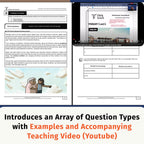 A promotional graphic for Think Teach's P5/6 Comprehension Workbook showing a worksheet and a screen displaying a video lesson about primary 5 and 6 English learning objectives. Large text at the bottom reads, 'Introduces an Array of Question Types with Examples and Accompanying Teaching Video (Youtube)'.