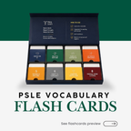 Think Teach Academy's PSLE Vocabulary Flash Cards box showing multiple colored cards inside a dark tray, with text below reading 'PSLE VOCABULARY FLASH CARDS' and a preview button on a split green-and-white background.
