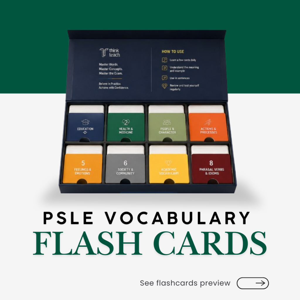 Think Teach Academy's PSLE Vocabulary Flash Cards box showing multiple colored cards inside a dark tray, with text below reading 'PSLE VOCABULARY FLASH CARDS' and a preview button on a split green-and-white background.