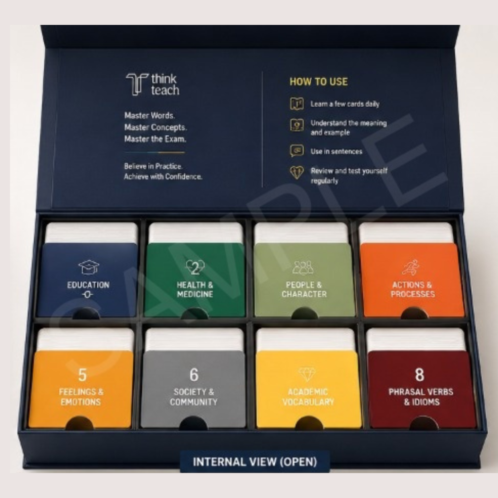 An open boxed card-deck Vocabulary study set by Think Teach Academy showing an internal view with eight color-coded cards in a grid. The set includes Education, Health & Medicine, People & Character, Actions & Processes, Feelings & Emotions, Society & Community, Academic Vocabulary, and Phrasal Verbs & Idioms categories.