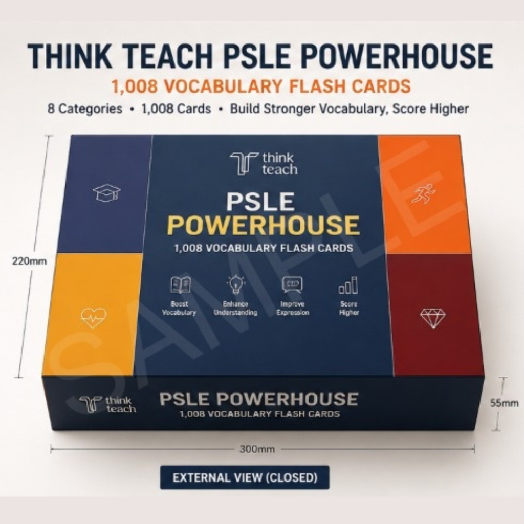 Think Teach Academy's 1,008 vocabulary flash cards packaging, shown in a closed external view with dimensions labeled 300mm by 220mm by 55mm on a white background.