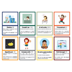 A sample of Think Teach Academy's Vocabulary Flash Cards in 2x4 grid containing illustrations with English text and Chinese characters, covering topics like deploying troops, catching up, a tall order, triumphant, significant, comply with, on pins and needles, and fell through.