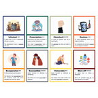 A sample of Think Teach Academy's Vocabulary Flash Cards in 2x4 grid containing illustrations and definitions for verbs and adjectives like Infested, Prescription, Clinched, Restore, Exasperated, Vulnerable, and Wore off.