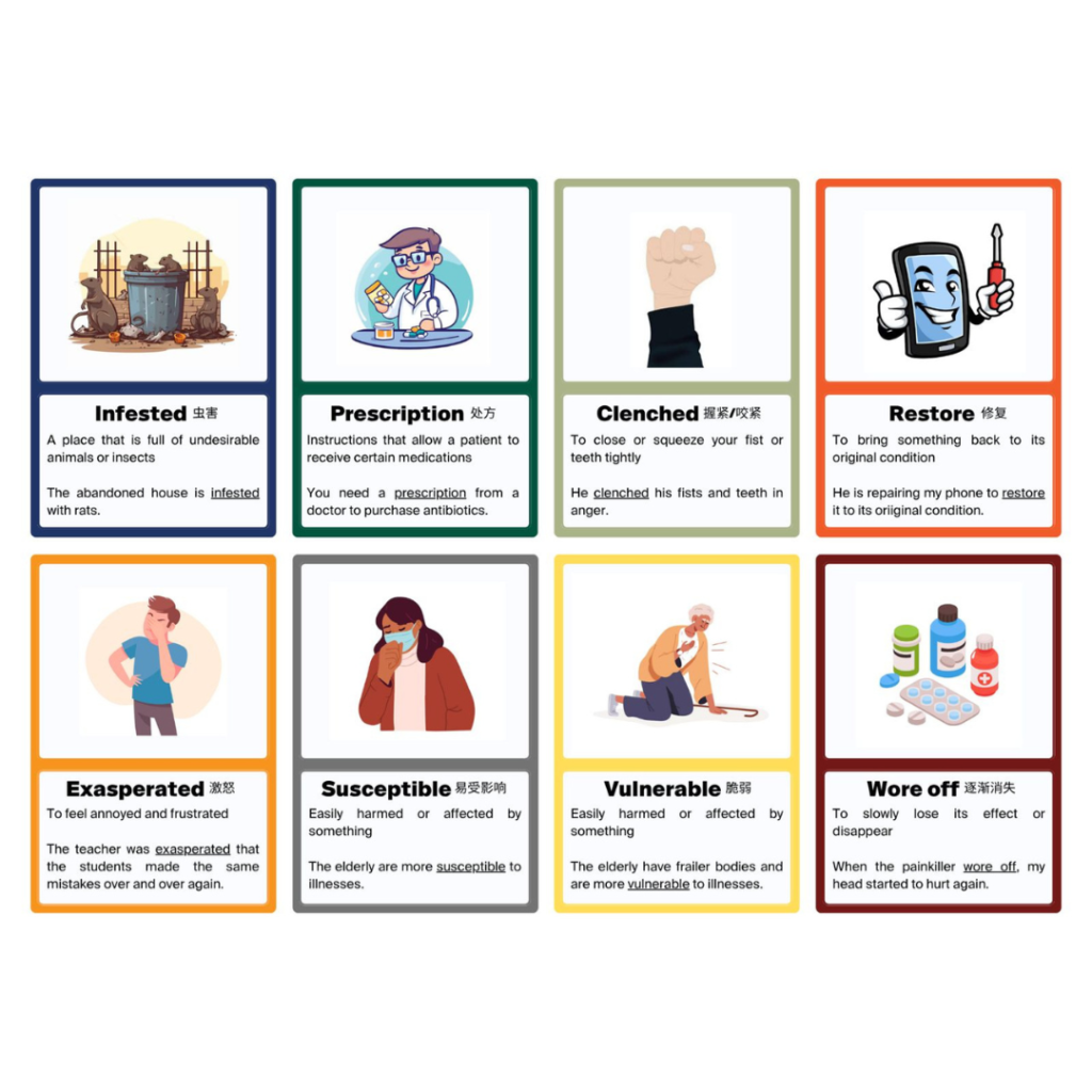 A sample of Think Teach Academy's Vocabulary Flash Cards in 2x4 grid containing illustrations and definitions for verbs and adjectives like Infested, Prescription, Clinched, Restore, Exasperated, Vulnerable, and Wore off.