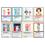 A sample of Think Teach Academy's Vocabulary Flash Cards in 2x4 grid containing illustrated behavioral and social-emotional cards with English labels such as Quubble, Dispute, Dialogue, Cautiously, Accusingly, Incredinguly, Disapprovingly, Disapprovedly, and Impaired, shown on a light gray background.
