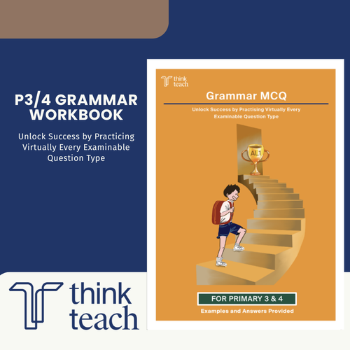 Think Teach P/4 Grammar MCQ Workbook cover shown on a blue and white promotional graphic. The workbook cover is orange with a cartoon child climbing stairs toward a trophy, and the left side includes the text 'P/4 Grammar Workbook' and the Think Teach logo.