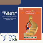 P5/6 Grammar MCQ Workbook cover by Think Teach, featuring an orange cover with an illustration of a child climbing stairs toward a trophy, shown alongside a navy promotional panel with the title text.