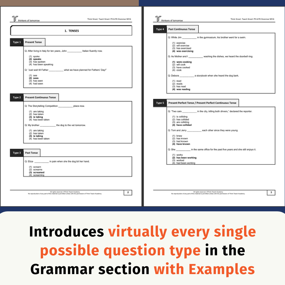 A digital preview of a grammar worksheet bundle titled 'Grammar Section with Examples' by Think Teach, showing two pages of printable exercises on the left and right, with a blue banner at the bottom containing promotional text.