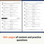 Two printed worksheet pages with black text on white paper, shown side by side on a light gray background, with a large orange and black headline reading '100+ pages of content and practice questions' at the bottom.