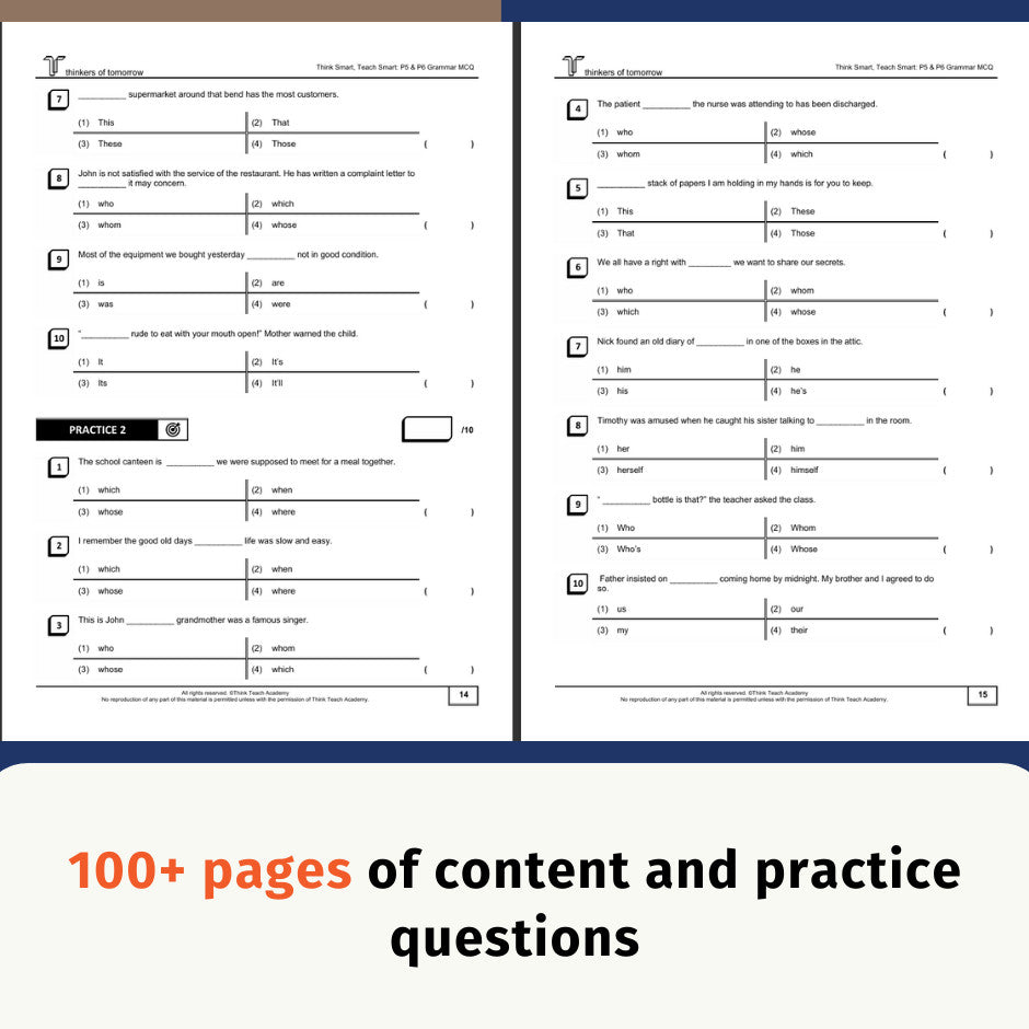 Two printed worksheet pages with black text on white paper, shown side by side on a light gray background, with a large orange and black headline reading '100+ pages of content and practice questions' at the bottom.
