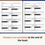 A book practice worksheet page set showing black-and-white exercise panels with headings such as condition and outcome, present tense, choice phrases, time clauses, and types of nouns. A blue banner at the bottom reads, 'Answers are provided at the end of the book.