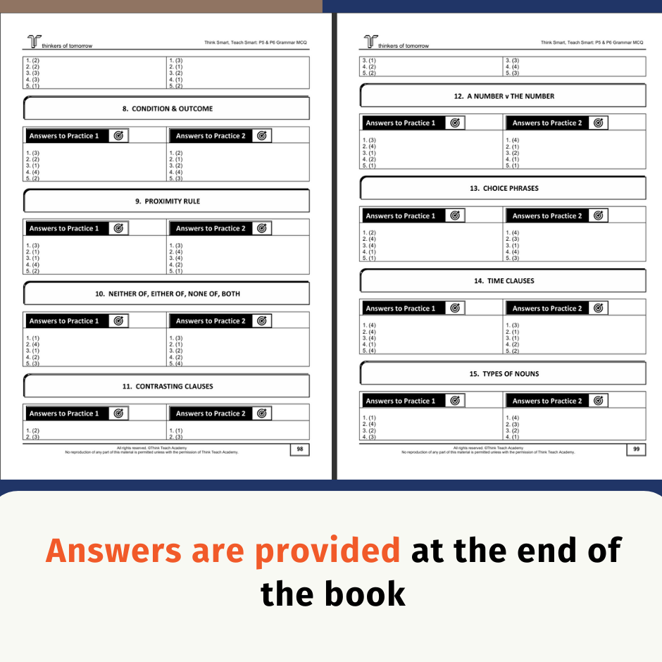 A book practice worksheet page set showing black-and-white exercise panels with headings such as condition and outcome, present tense, choice phrases, time clauses, and types of nouns. A blue banner at the bottom reads, 'Answers are provided at the end of the book.