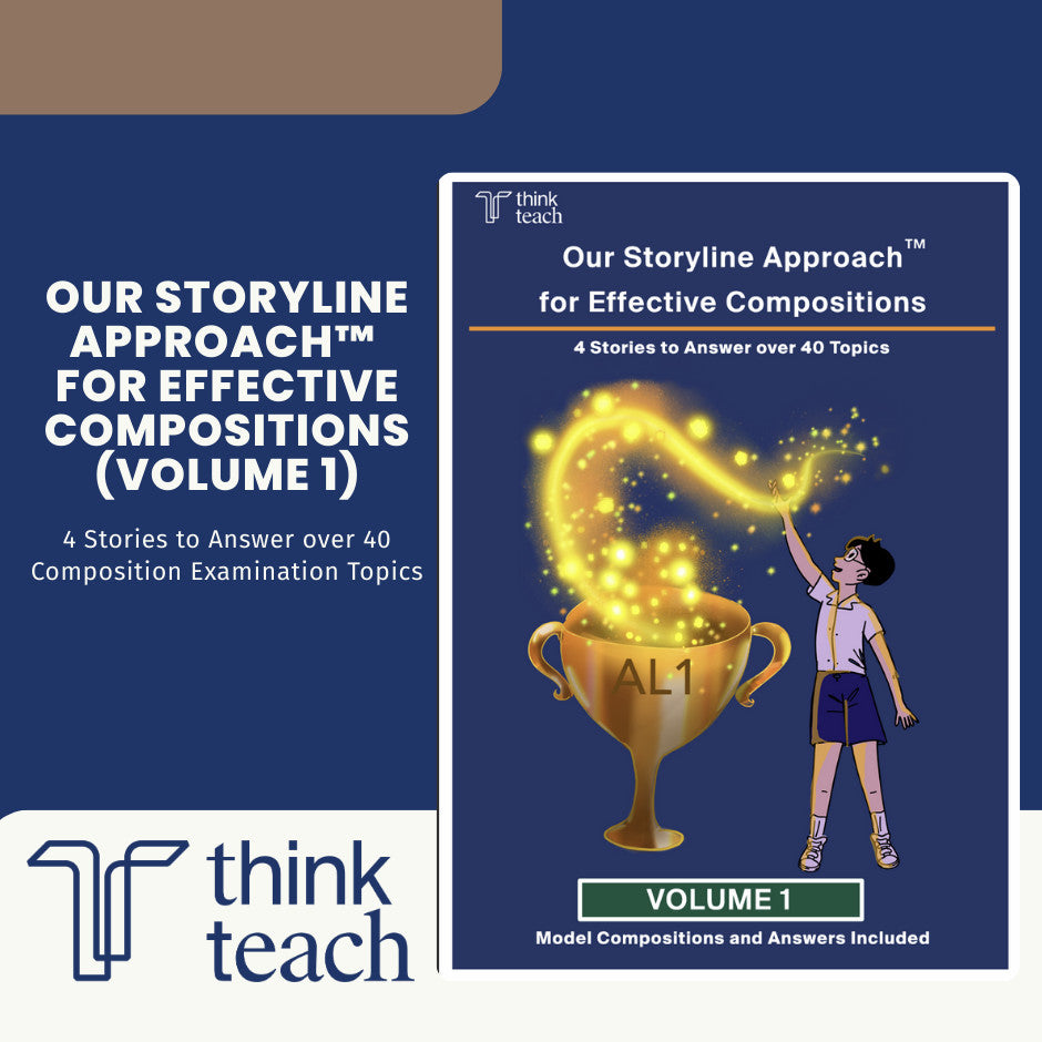 Promotional graphic for the book 'Our Storyline Approach for Effective Compositions (Volume 1)' by Think Teach, showing the front cover alongside descriptive text on a dark blue background.