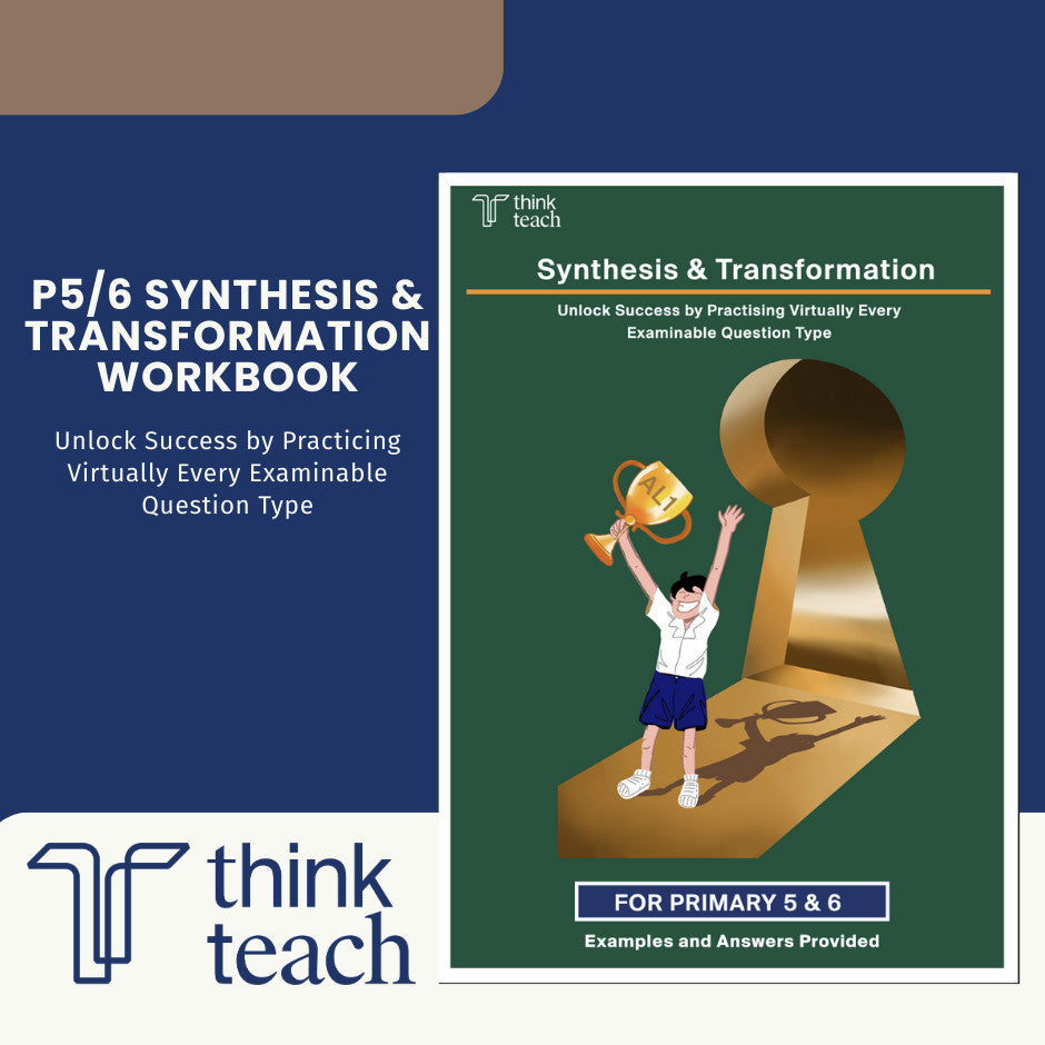 P5/6 Synthesis & Transformation Workbook cover and promotional graphic by Think Teach. The workbook cover is dark green with a child holding a gold trophy beside a large gold keyhole illustration.