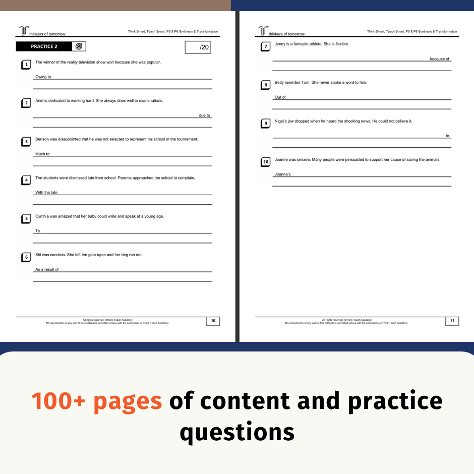 A digital preview of a printable educational worksheet set showing two pages of English S&T practice questions, with a large promotional banner at the bottom reading '100+ pages of content and practice questions'.