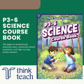 Think Teach Academy's P3-6 Science Course Book cover shown on a green promotional graphic with text describing 300 pages of science content and the Think Teach logo.