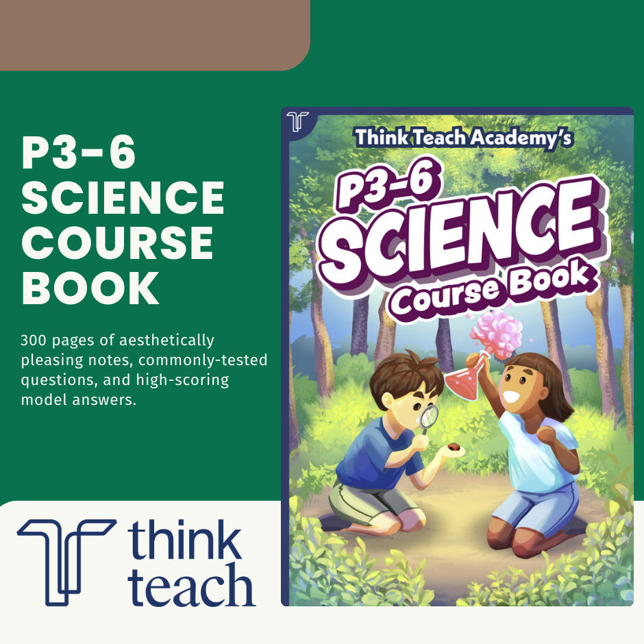 Think Teach Academy's P3-6 Science Course Book cover shown on a green promotional graphic with text describing 300 pages of science content and the Think Teach logo.