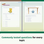 A digital preview of Tink Teach Academy's Science Coursebook showing two open textbook pages with physics multiple-choice questions, alongside a green banner at the bottom reading 'Commonly tested questions for every topic'.