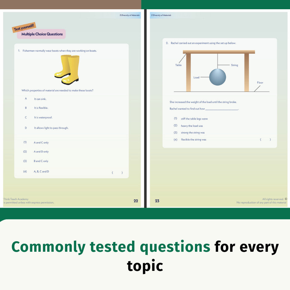 A digital preview of Tink Teach Academy's Science Coursebook showing two open textbook pages with physics multiple-choice questions, alongside a green banner at the bottom reading 'Commonly tested questions for every topic'.