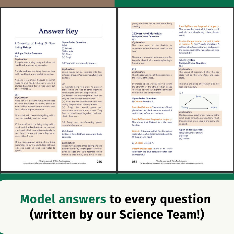 Think Teach Academy's Science Coursebook Sample spread showing an 'Answer Key' with text and diagrams, placed on a white background with a green banner at the bottom that reads, 'Model answers to every question (written by our Science Team!)'.
