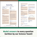 Think Teach Academy's Science Coursebook Sample spread showing an 'Answer Key' with text and diagrams, placed on a white background with a green banner at the bottom that reads, 'Model answers to every question (written by our Science Team!)'.